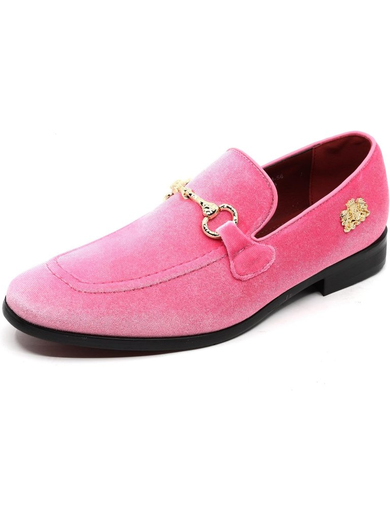 Metrocharm Men's Pink Rubber Velvet Loafers Gold Buckle Slip On Classic Shoes